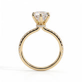 Round lab-grown diamond halo engagement ring in 18K (750) yellow gold, side profile 