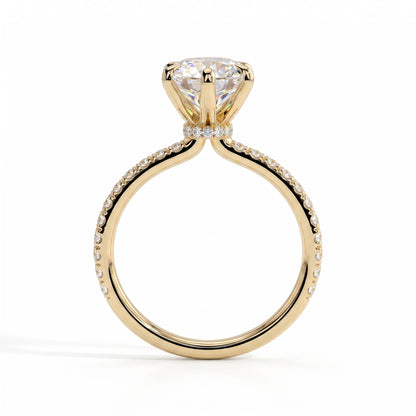 Round lab-grown diamond halo engagement ring in 18K (750) yellow gold, side profile 
