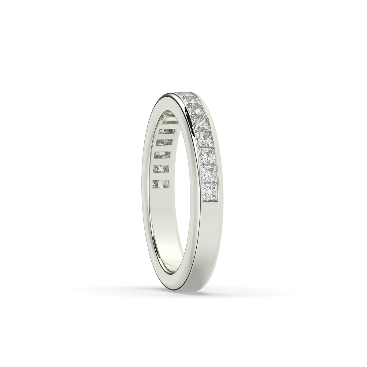Sarina princess-cut lab-grown diamond channel-set memoire wedding band in 750 white gold, side view 