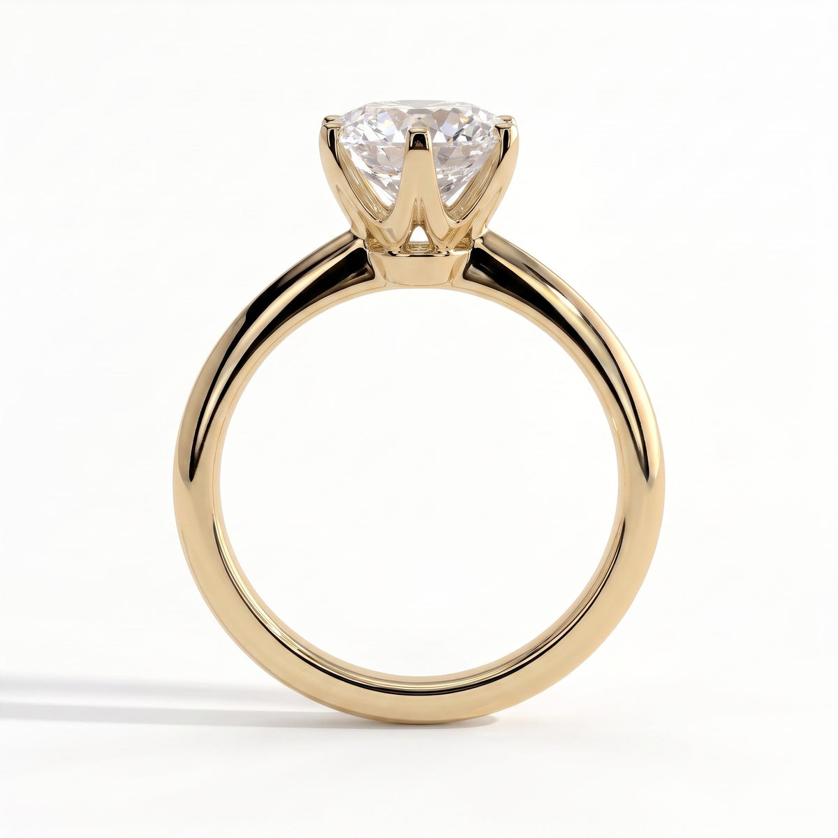Round lab-grown diamond solitaire engagement ring in 18K (750) yellow gold, side profile 