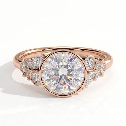 Round lab-grown diamond bezel-set halo engagement ring in 14K (585) rose gold, front view 