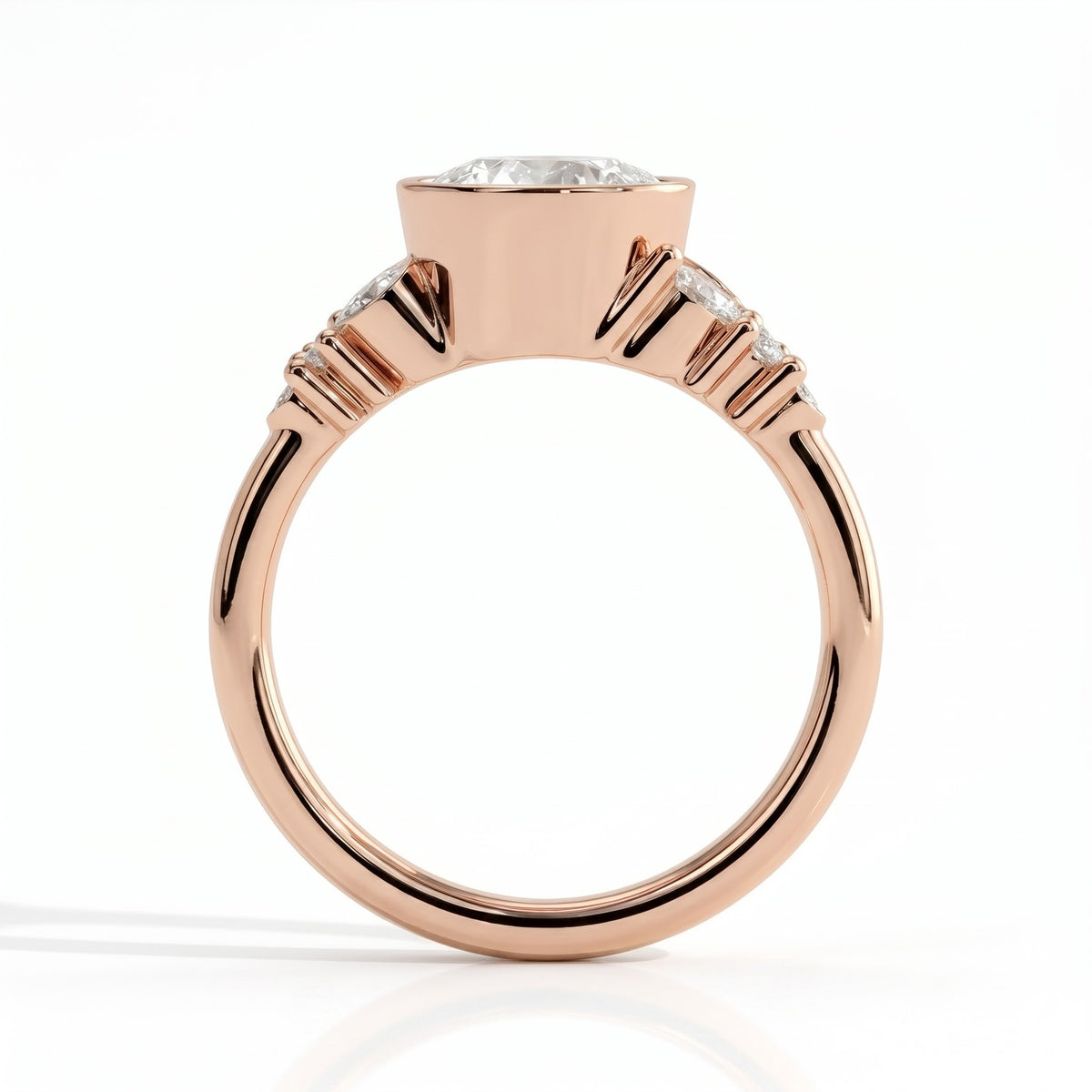 Round lab-grown diamond bezel-set halo engagement ring in 14K (585) rose gold, side profile 