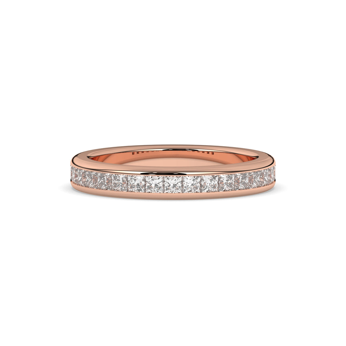 Sarina princess-cut lab-grown diamond channel-set memoire wedding band in 750 rose gold, front view 