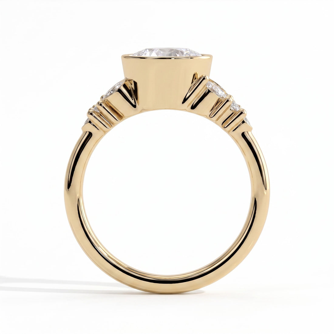 Round lab-grown diamond bezel-set halo engagement ring in 14K (585) yellow gold, side profile 