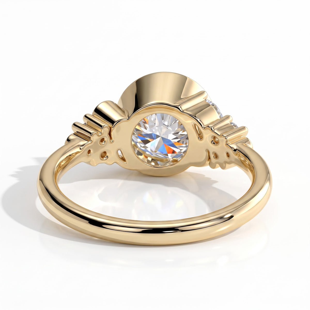 Round lab-grown diamond bezel-set halo engagement ring in 14K (585) yellow gold, on white background 