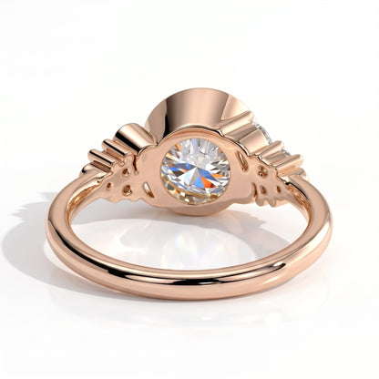 Round lab-grown diamond bezel-set halo engagement ring in 14K (585) rose gold, on white background 