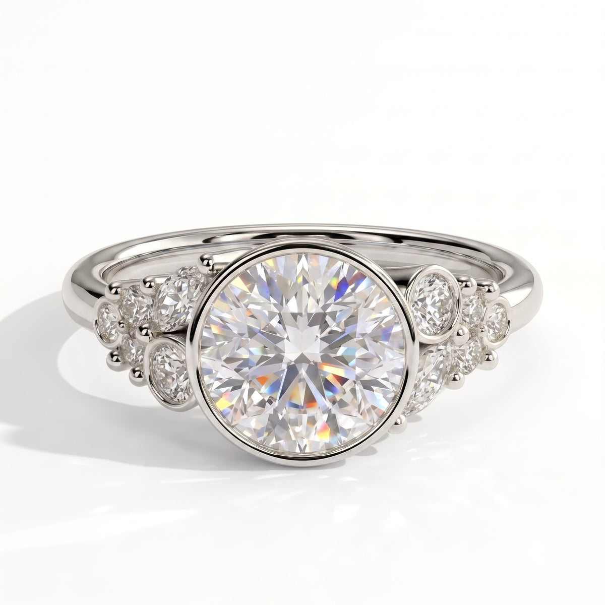 Round lab-grown diamond bezel-set halo engagement ring in 14K (585) white gold, front view 