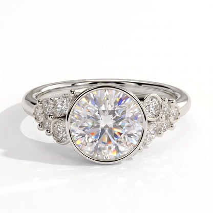 Round lab-grown diamond bezel-set halo engagement ring in 14K (585) white gold, front view 