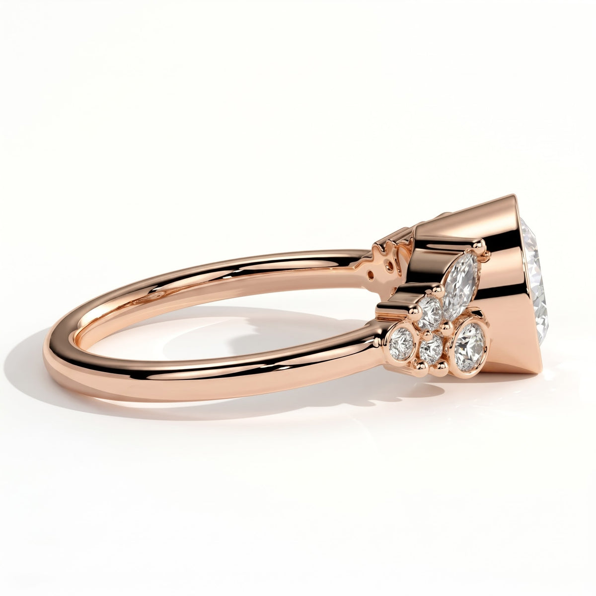 Round lab-grown diamond bezel-set halo engagement ring in 14K (585) rose gold, detail view 