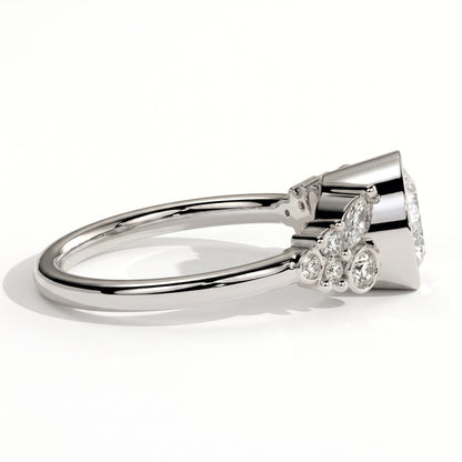 Round lab-grown diamond bezel-set halo engagement ring in 18K (750) white gold, detail view 