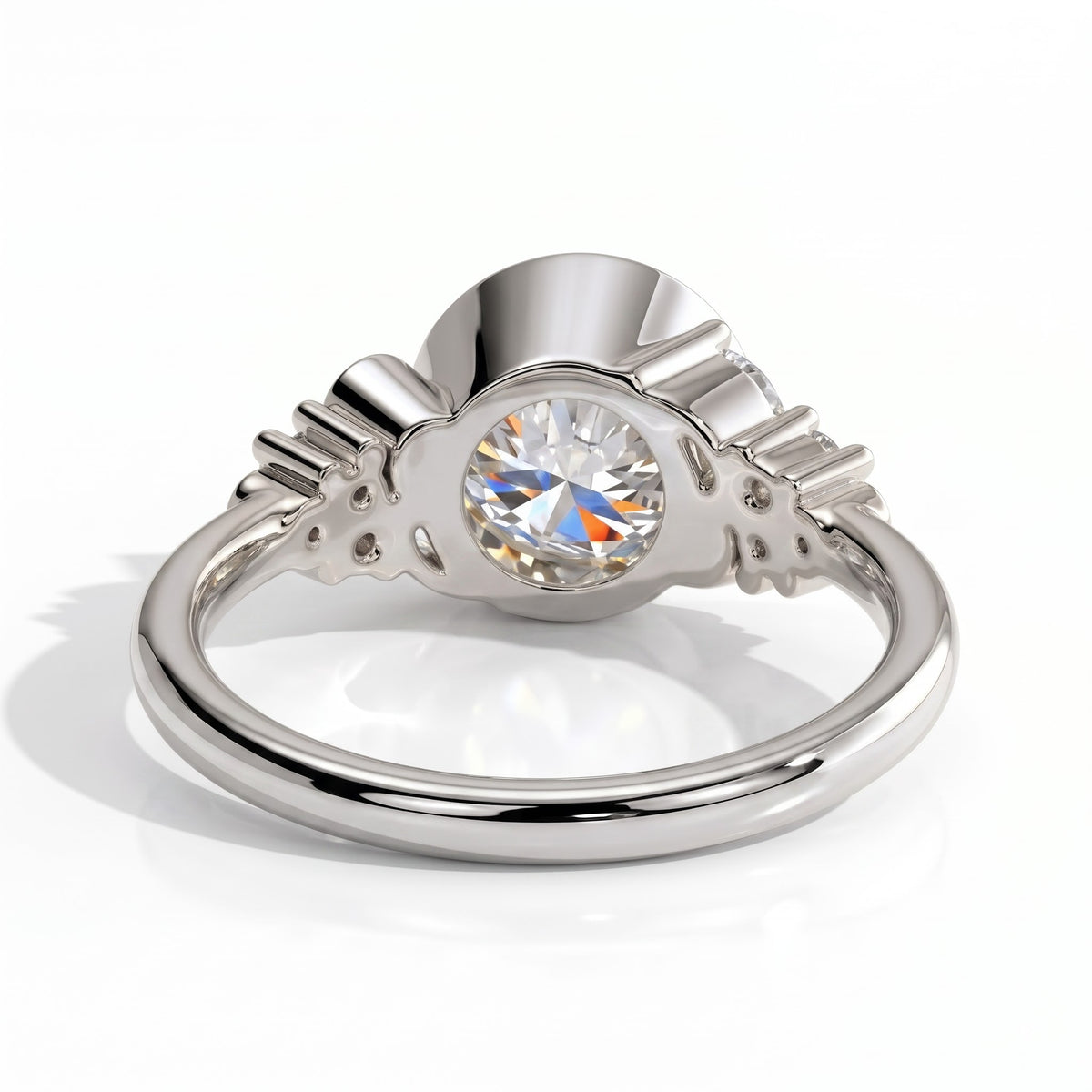 Round lab-grown diamond bezel-set halo engagement ring in 18K (750) white gold, on white background 