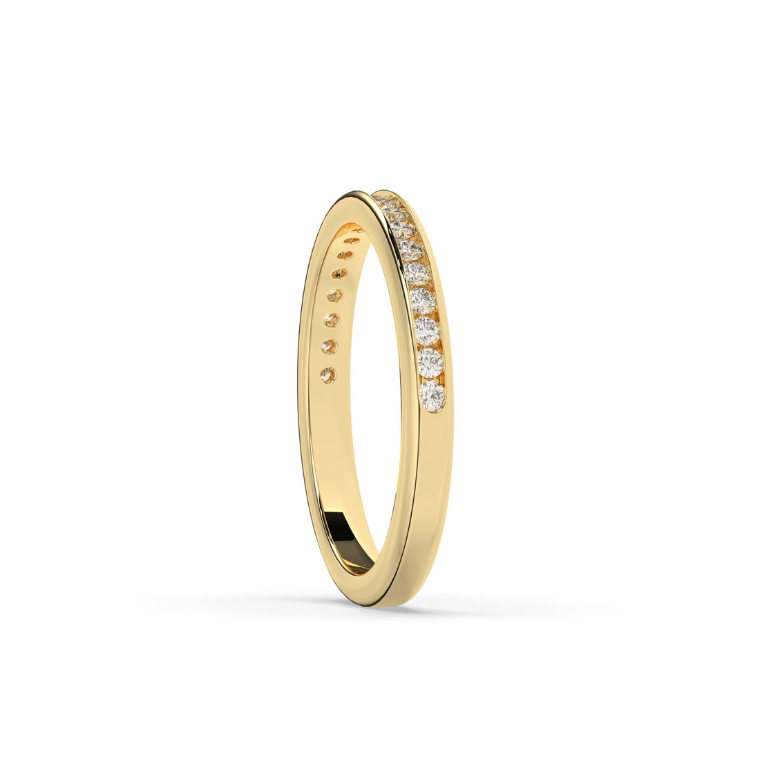 Adelina round lab-grown diamond channel-set memoire wedding band in 585 yellow gold, side view 