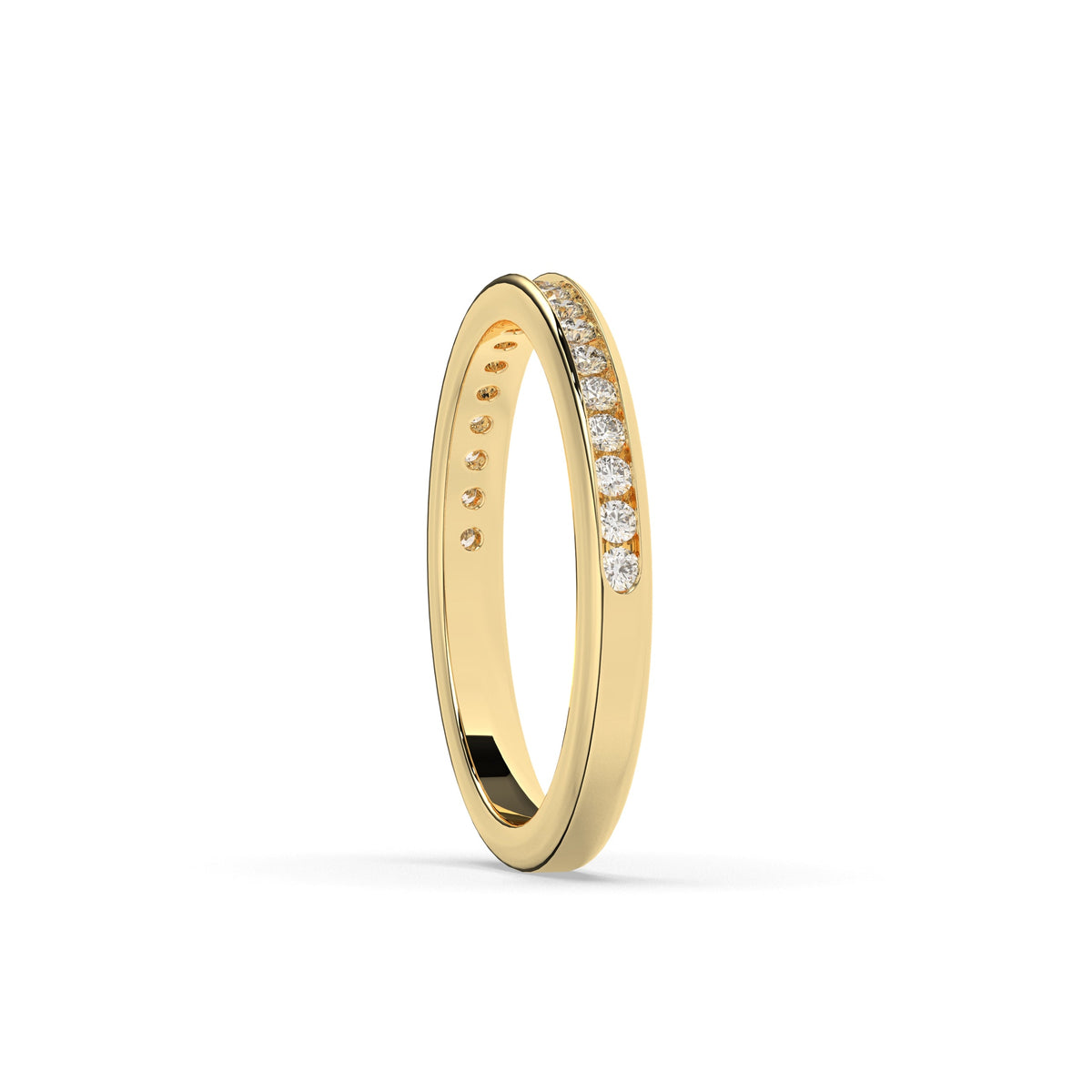 Adelina round lab-grown diamond channel-set memoire wedding band in 750 yellow gold, side view 