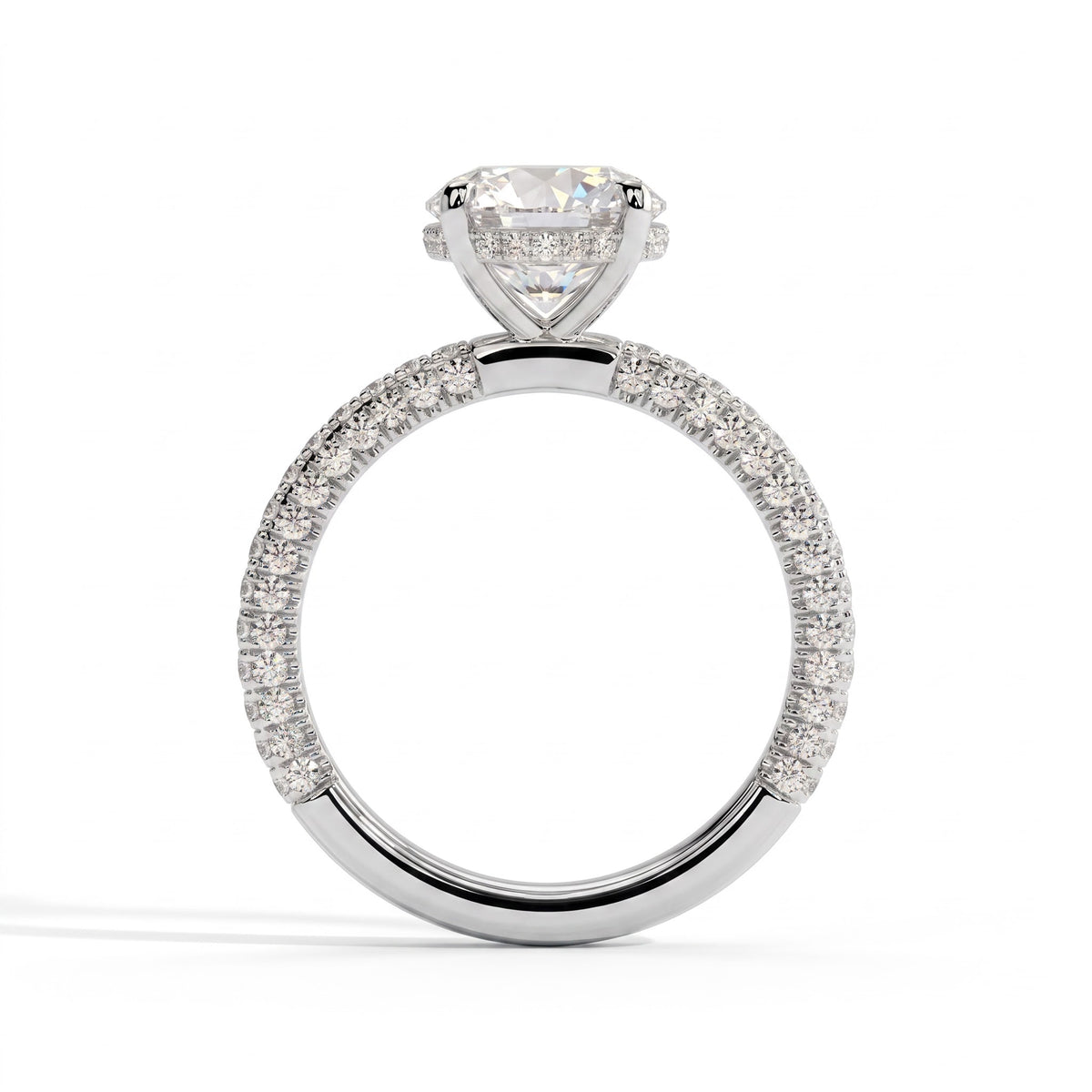 Round lab-grown diamond halo engagement ring in 14K (585) white gold, side profile 