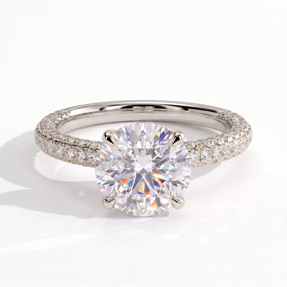Round lab-grown diamond halo engagement ring in 14K (585) white gold, front view 