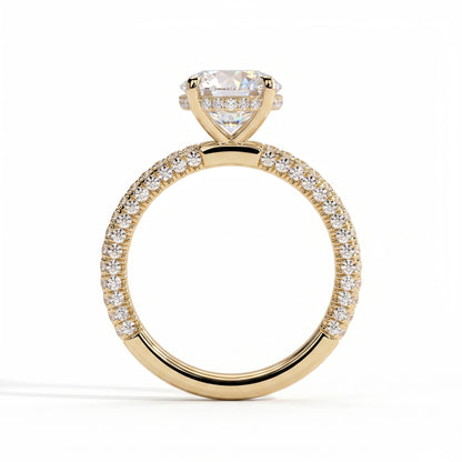 Round lab-grown diamond halo engagement ring in 18K (750) yellow gold, side profile 