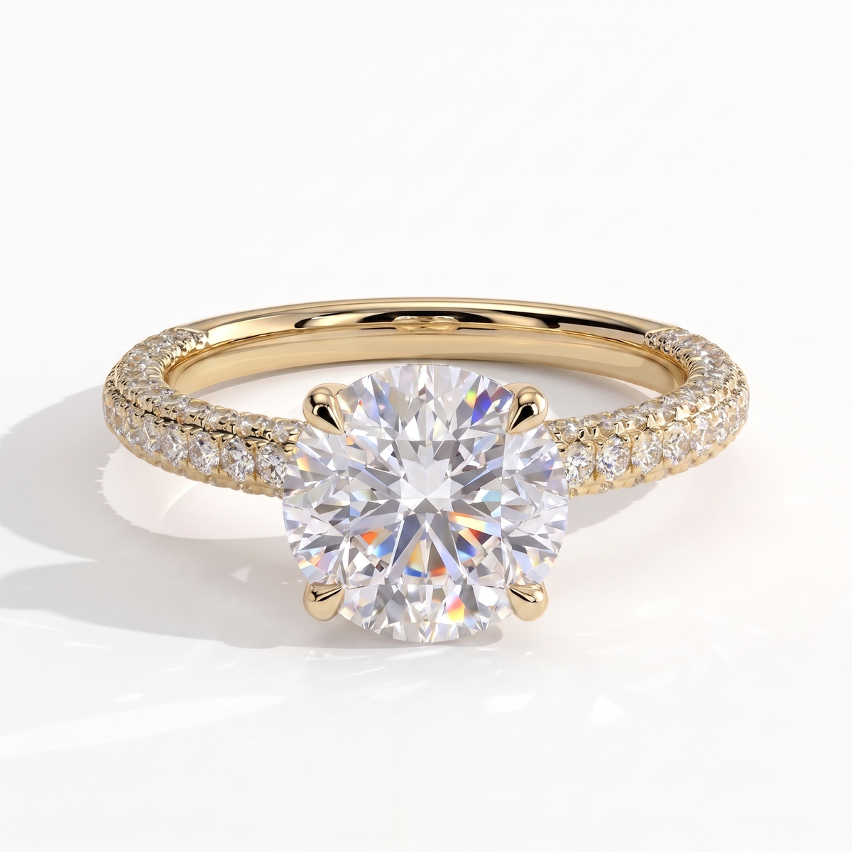 Round lab-grown diamond halo engagement ring in 18K (750) yellow gold, front view 