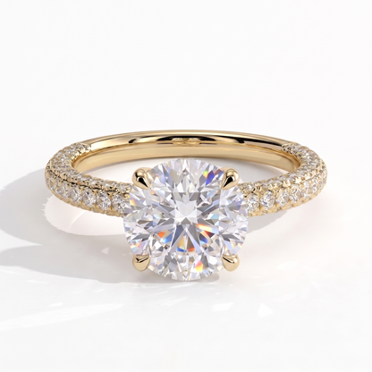 Round lab-grown diamond halo engagement ring in 18K (750) yellow gold, front view 