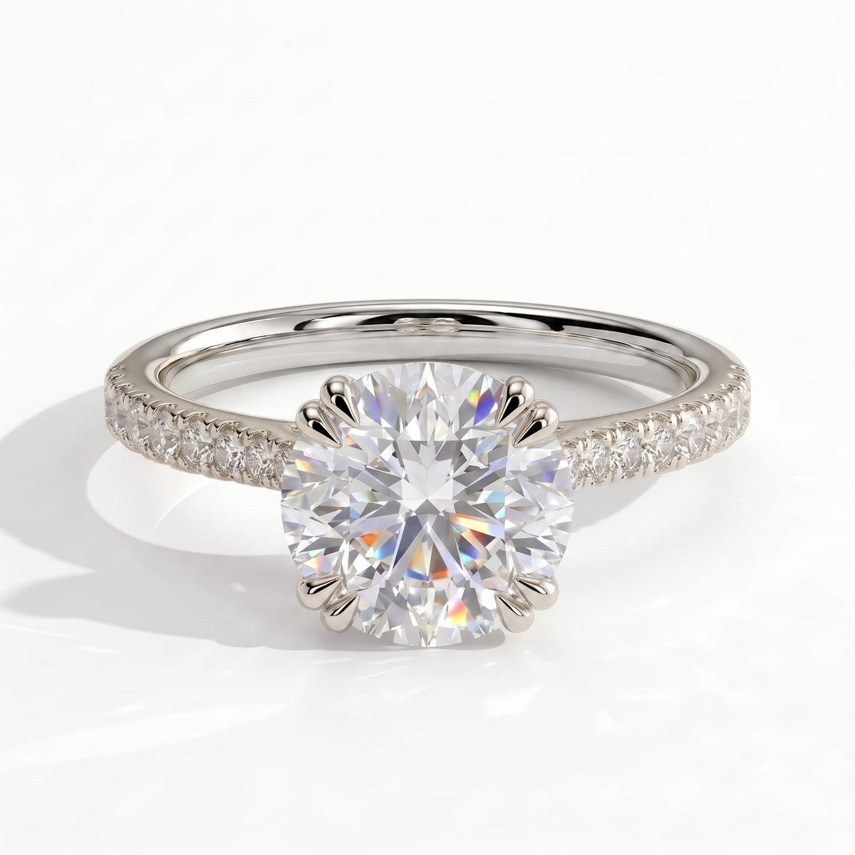 Round lab-grown diamond halo engagement ring in 14K (585) white gold, front view 
