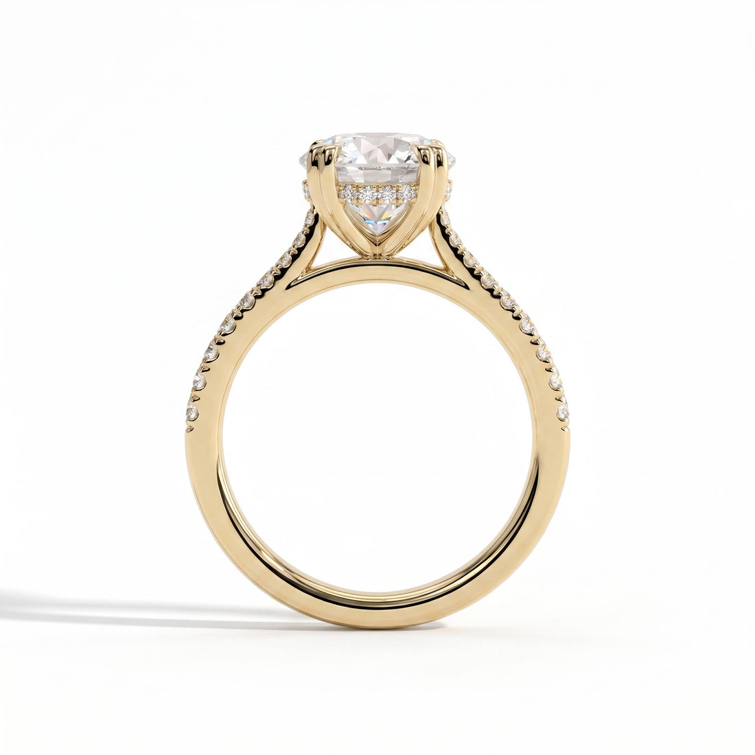 Round lab-grown diamond halo engagement ring in 14K (585) yellow gold, side profile 