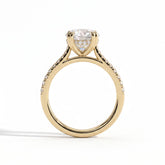 Round lab-grown diamond halo engagement ring in 14K (585) yellow gold, side profile 