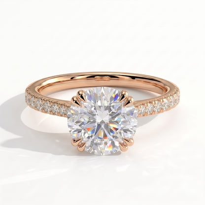 Round lab-grown diamond halo engagement ring in 14K (585) rose gold, front view 