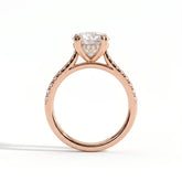 Round lab-grown diamond halo engagement ring in 18K (750) rose gold, side profile 