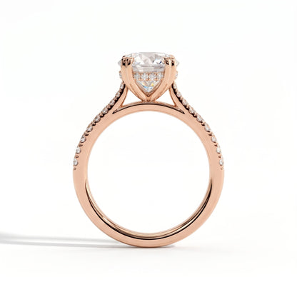 Round lab-grown diamond halo engagement ring in 18K (750) rose gold, side profile 