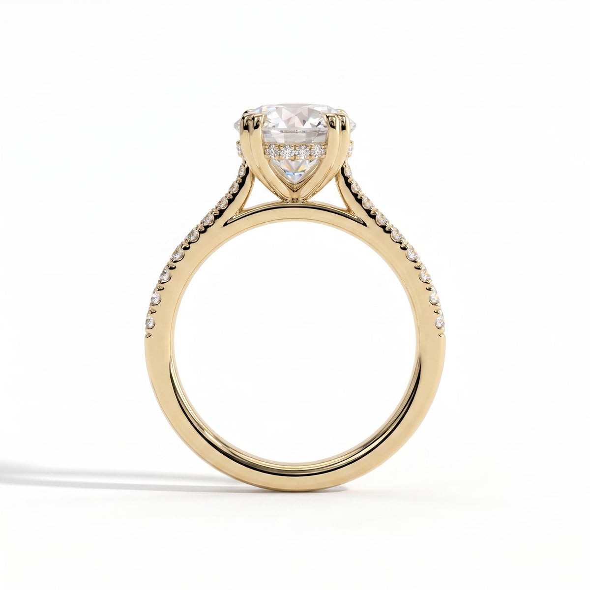 Round lab-grown diamond halo engagement ring in 18K (750) yellow gold, side profile 