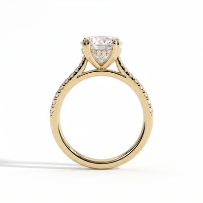 Round lab-grown diamond halo engagement ring in 18K (750) yellow gold, side profile 