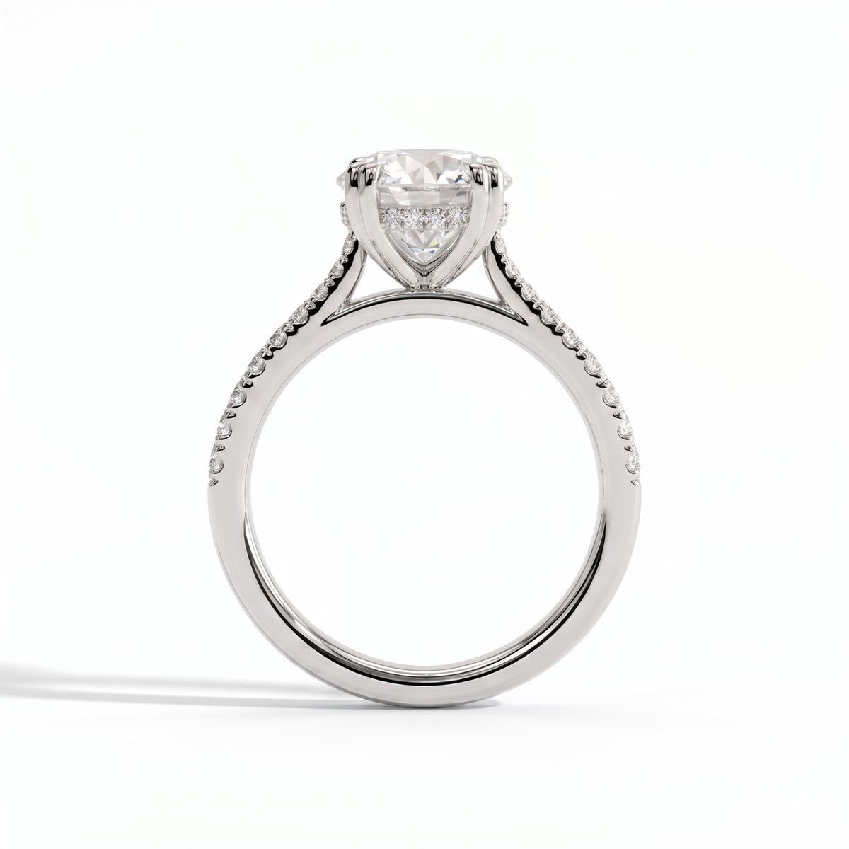 Round lab-grown diamond halo engagement ring in 18K (750) white gold, side profile 