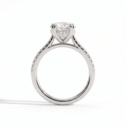 Round lab-grown diamond halo engagement ring in 18K (750) white gold, side profile 