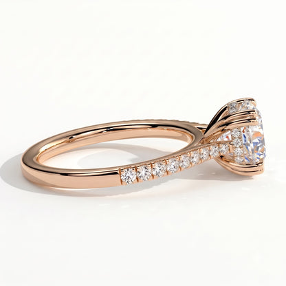Round lab-grown diamond halo engagement ring in 18K (750) rose gold, detail view 