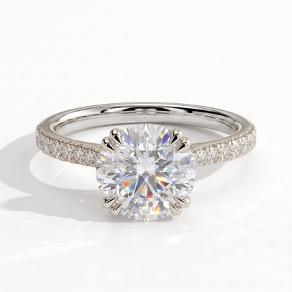 Round lab-grown diamond halo engagement ring in 18K (750) white gold, front view 