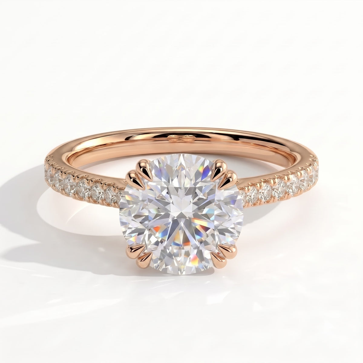 Round lab-grown diamond halo engagement ring in 18K (750) rose gold, front view 