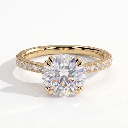Round lab-grown diamond halo engagement ring in 18K (750) yellow gold, front view 