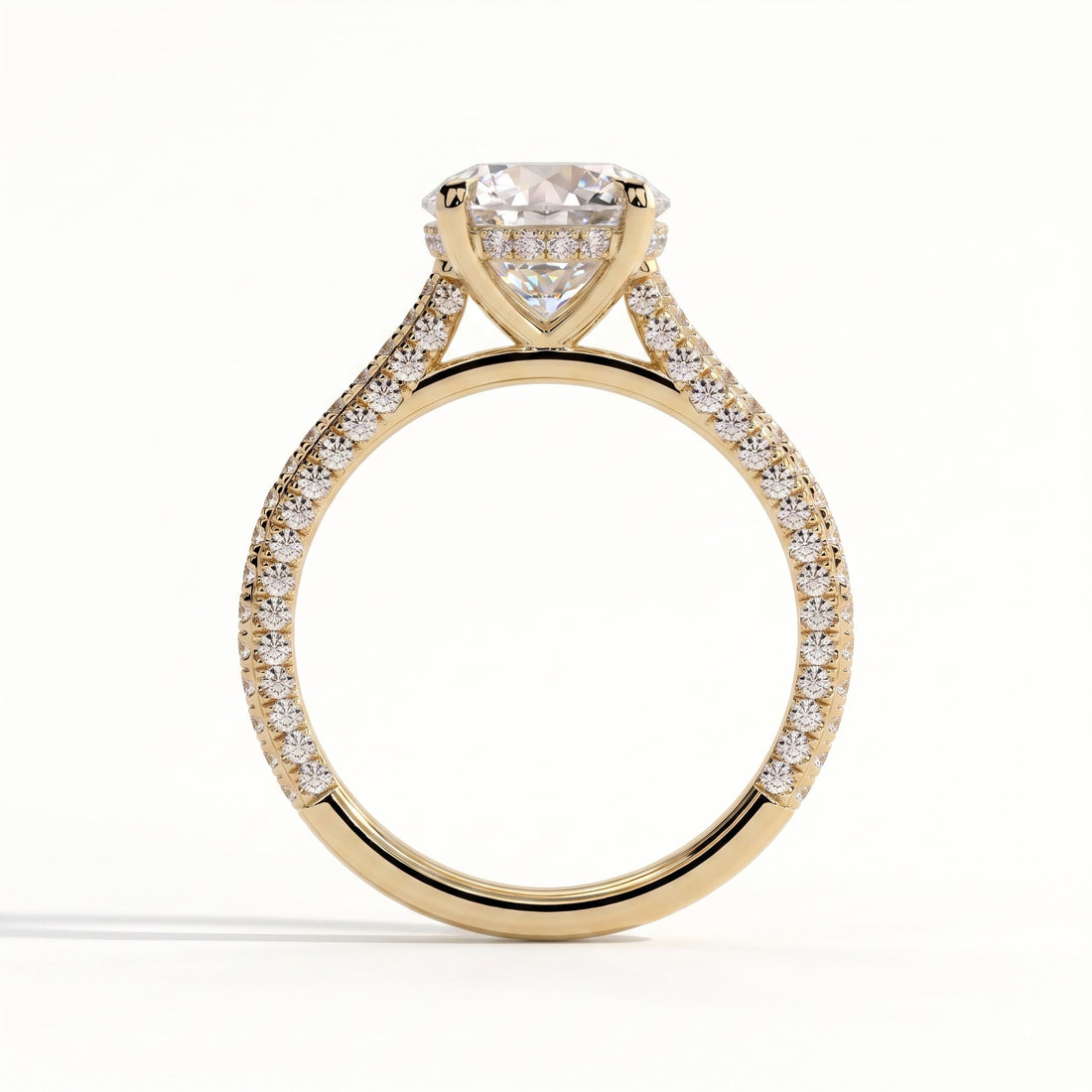 Round lab-grown diamond halo engagement ring in 14K (585) yellow gold, side profile 