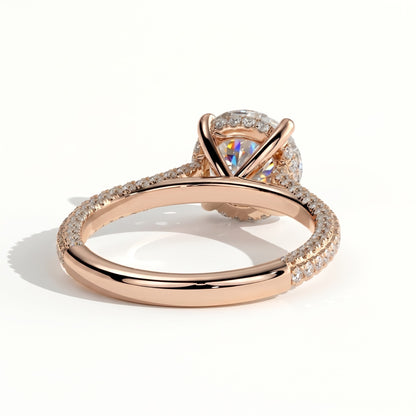 Round lab-grown diamond halo engagement ring in 14K (585) rose gold, on white background 