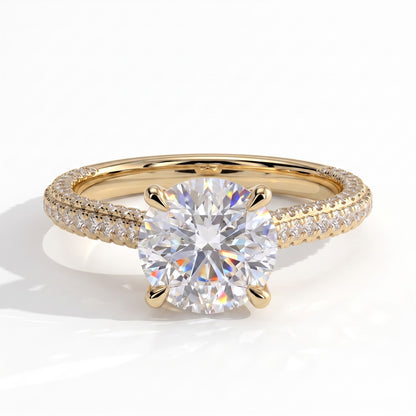 Round lab-grown diamond halo engagement ring in 14K (585) yellow gold, front view 
