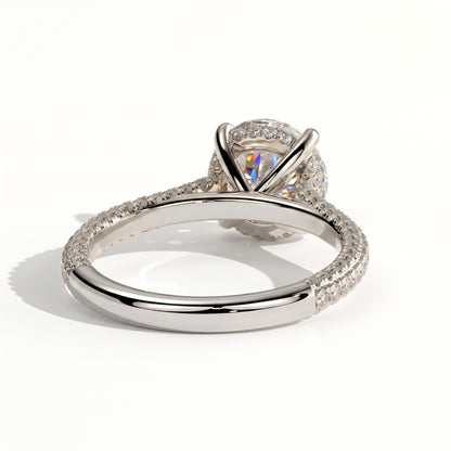 Round lab-grown diamond halo engagement ring in 14K (585) white gold, on white background 