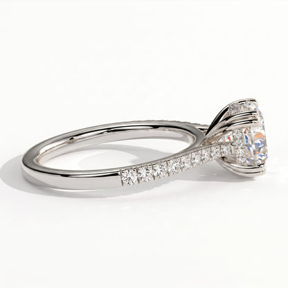 Round lab-grown diamond halo engagement ring in 950 platinum, detail view 