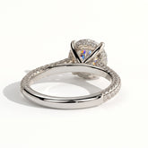 Round lab-grown diamond halo engagement ring in 18K (750) white gold, on white background 