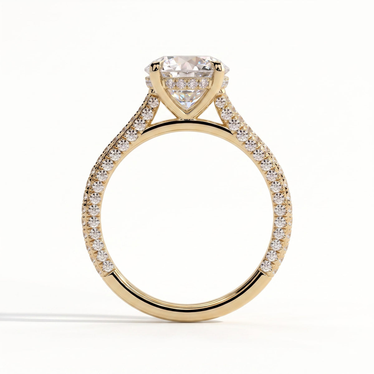 Round lab-grown diamond halo engagement ring in 18K (750) yellow gold, side profile 