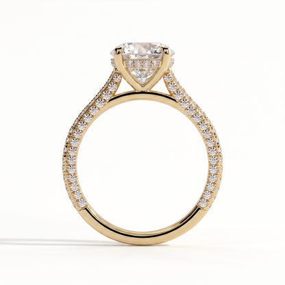 Round lab-grown diamond halo engagement ring in 18K (750) yellow gold, side profile 