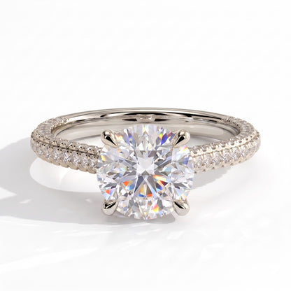 Round lab-grown diamond halo engagement ring in 18K (750) white gold, front view 