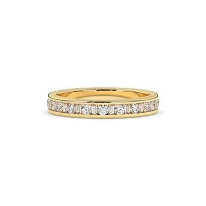 Elodie round and baguette lab-grown diamond channel-set eternity wedding band in 585 yellow gold, front view 