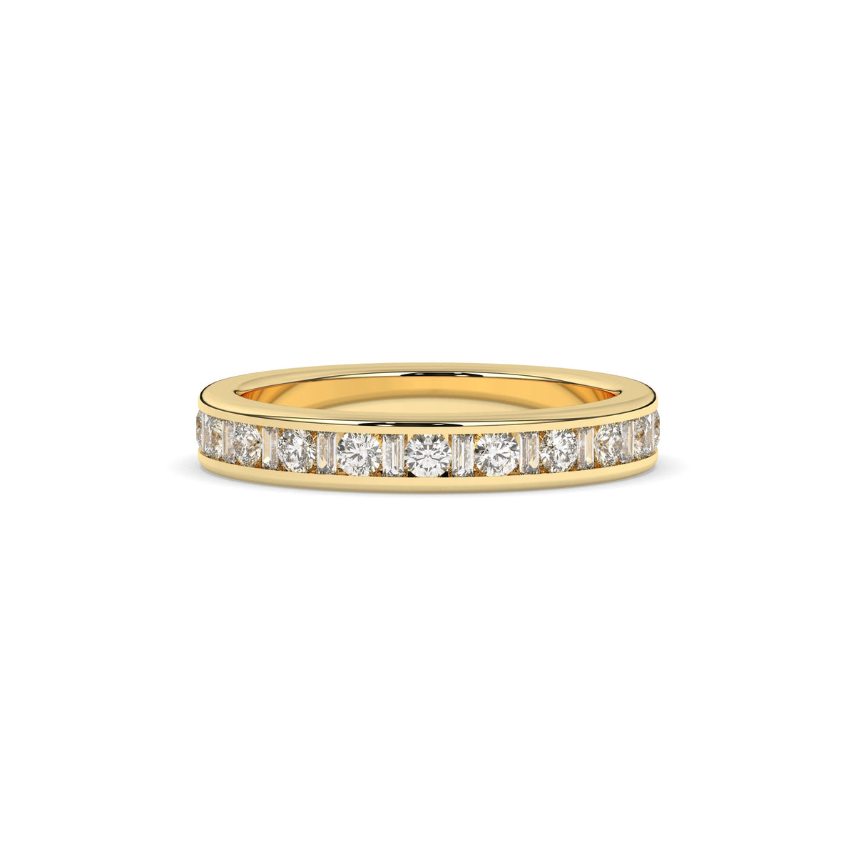 Elodie round and baguette lab-grown diamond channel-set eternity wedding band in 750 yellow gold, front view 