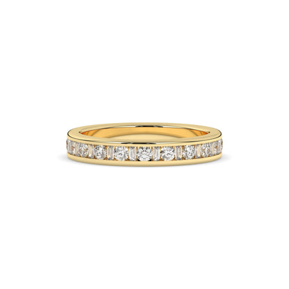 Elodie round and baguette lab-grown diamond channel-set eternity wedding band in 750 yellow gold, front view 