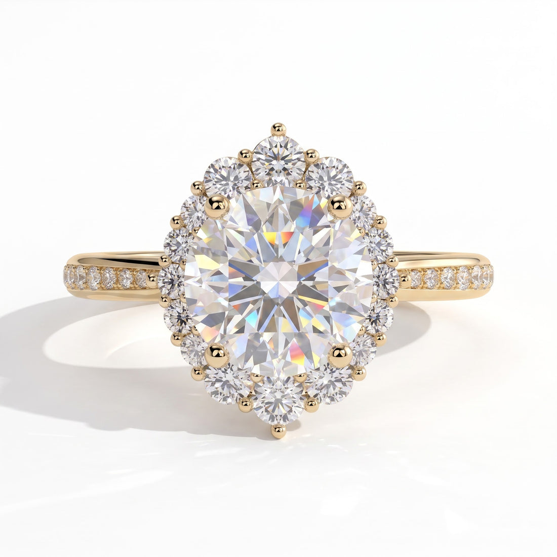 Round lab-grown diamond halo engagement ring in 14K (585) yellow gold, front view 