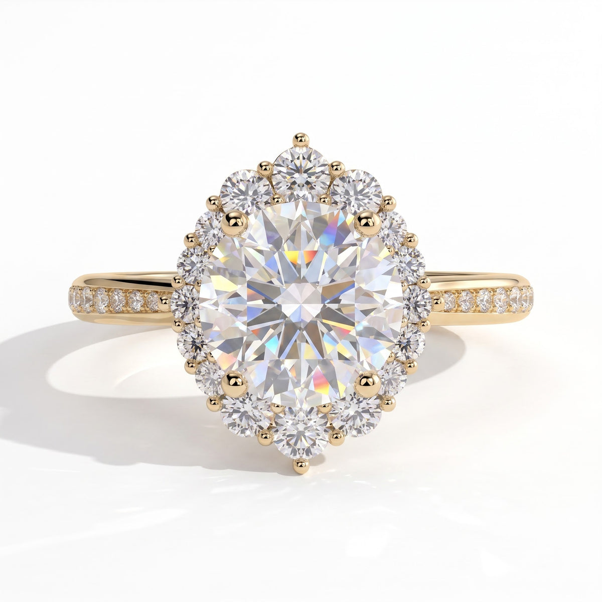 Round lab-grown diamond halo engagement ring in 14K (585) yellow gold, front view 